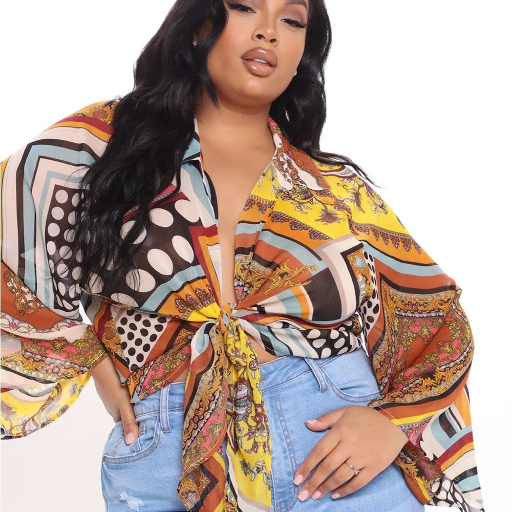 Fashion Nova Mixed Print Tie-Front Blouse - Boho Scarf Print Top - Size-2X - Picture 3 of 7